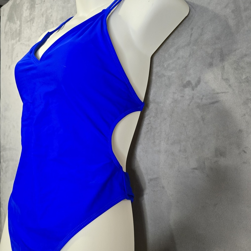 One Piece Swimsuit Size Small Royal Blue High Cut Strappy Low Back Padded Bra - Picture 2 of 4